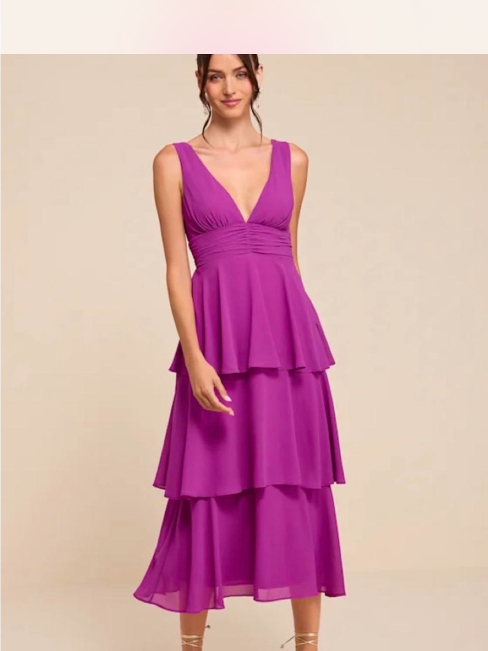 Lulu's Magenta Tiered V-Neck Midi Dress